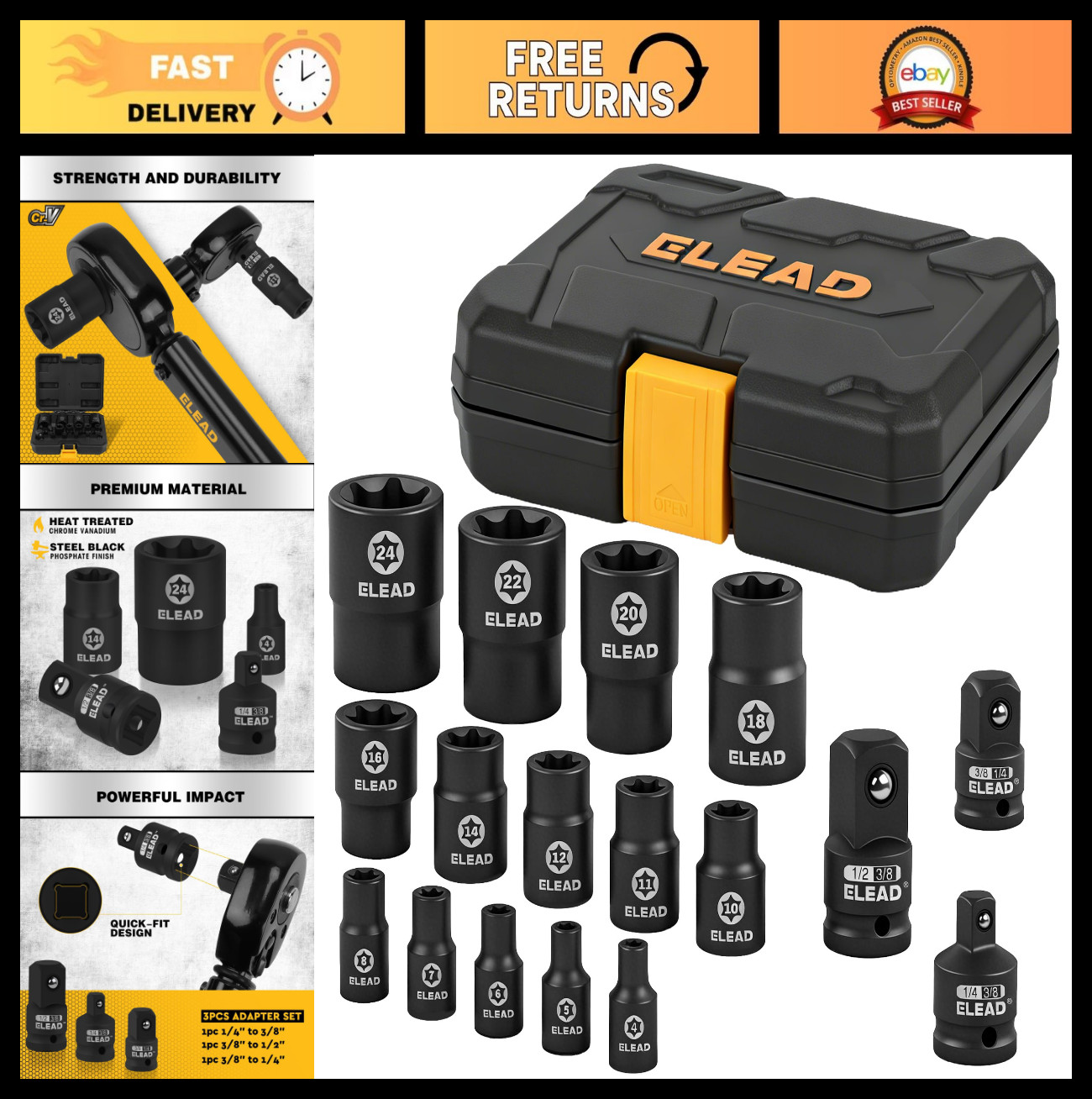 17-Piece Inverted E-Torx Socket Set – Cr-V Steel Star Female Sockets for Impact