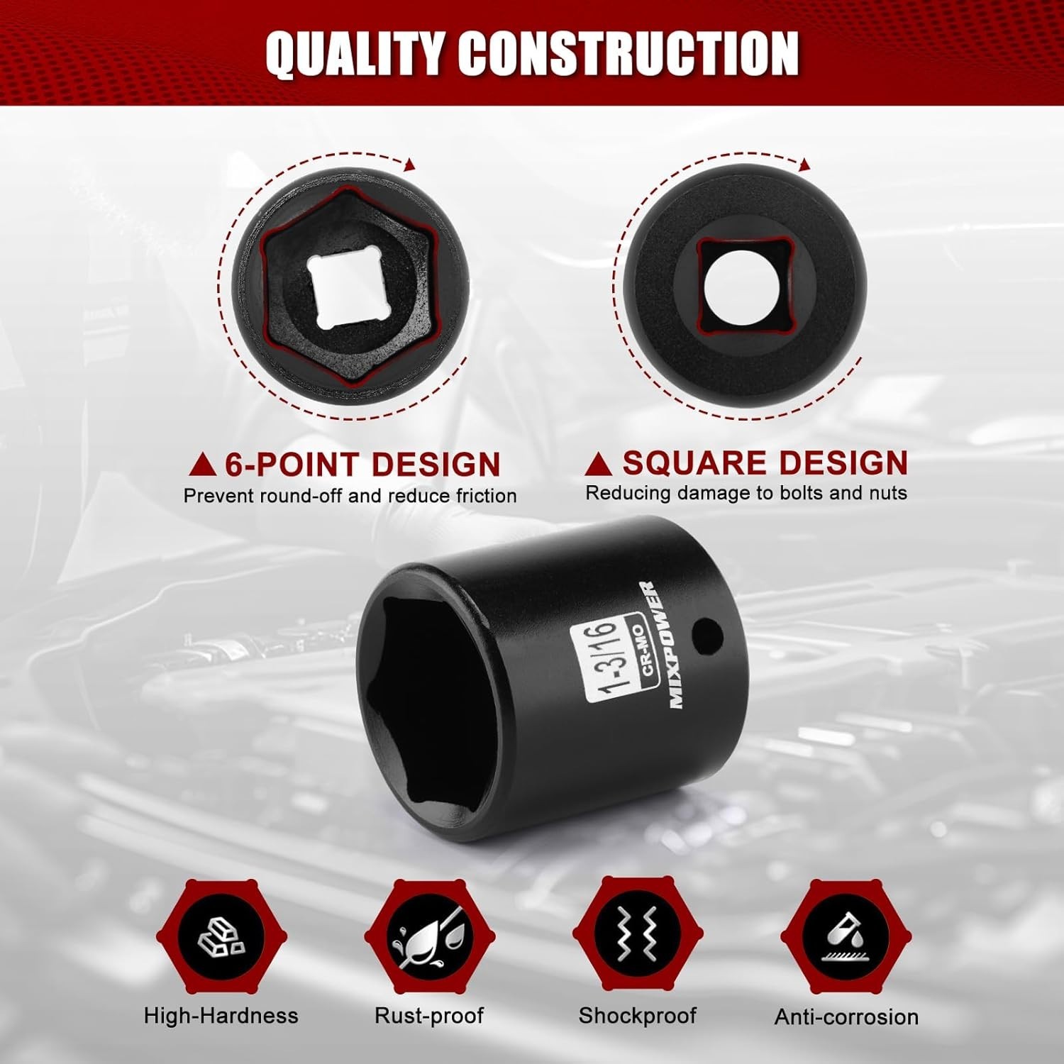 1/2″ Drive Shallow Impact Socket, CR-MO, 1-3/16″, 6 Point, Radius Corner Desi…