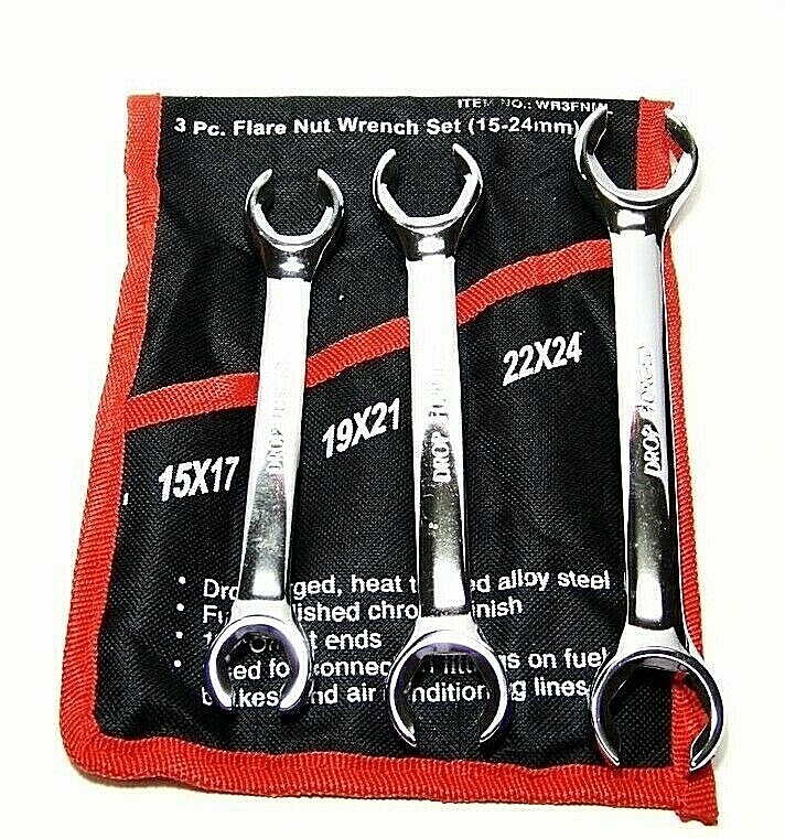 3 pc Flare Nut Wrench Set Metric 15, 17, 19, 21, 22, 24MM Open End Wrench kit
