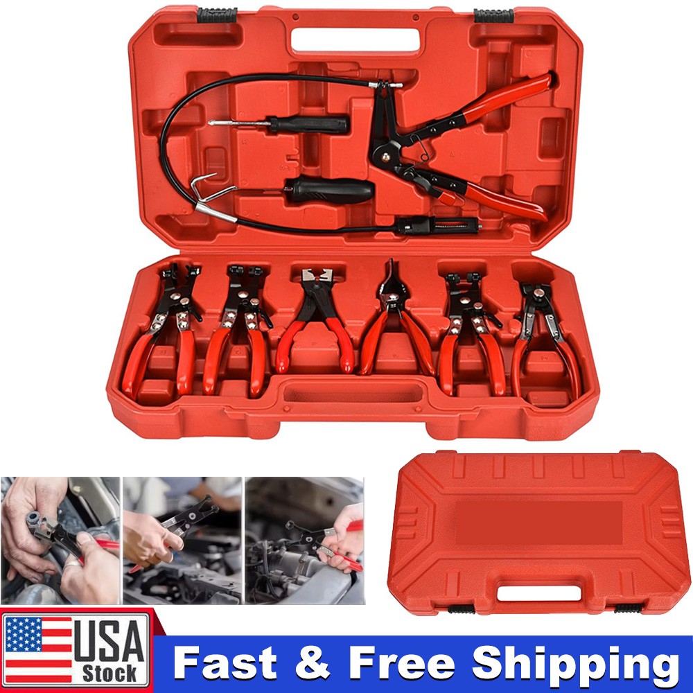 Automotive Flexible Hose Clamp Clip Pliers Kit Swivel Jaw Flat Angled Band Tool