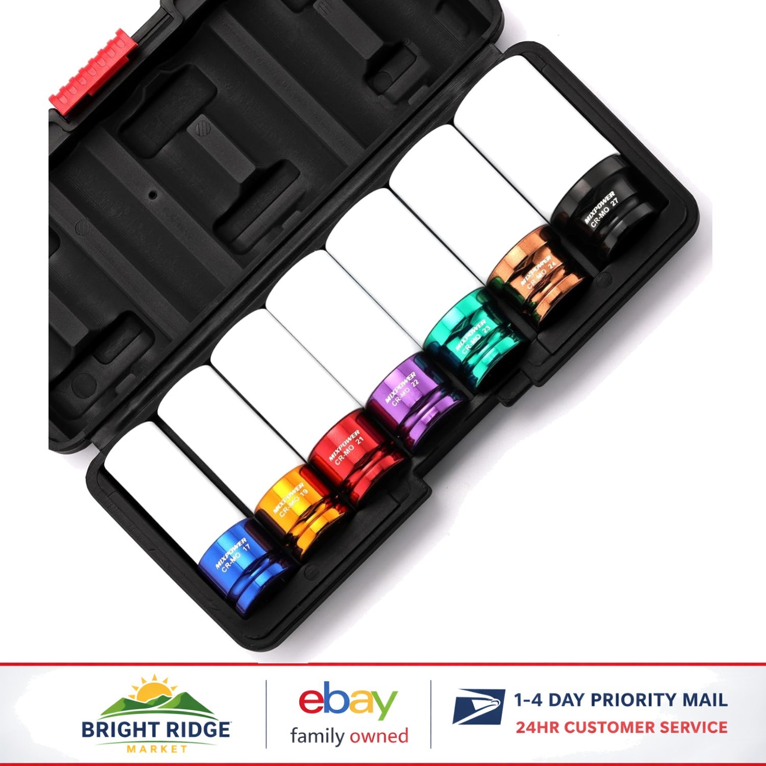 7-Piece Thin Wall Impact Socket Set with Color-Coded Metric Sizes 17mm to 27mm