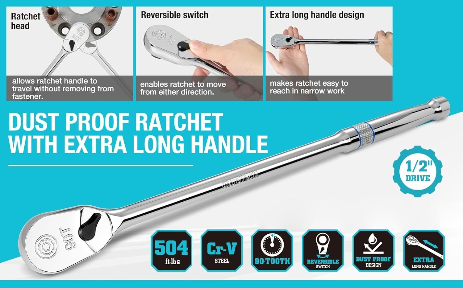 Extra Long Handle 1/2-Inch Drive Ratchet, 90-Tooth Ratchet Wrench with 15″ Ha…