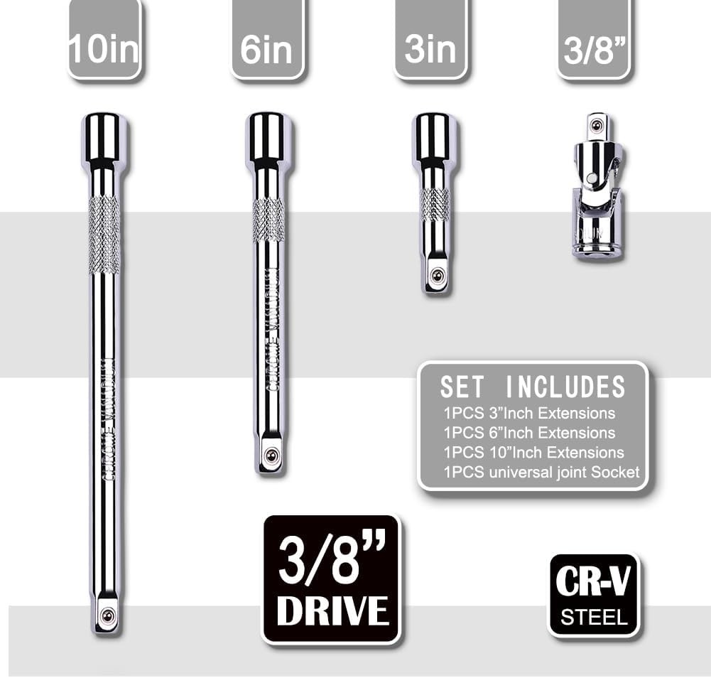 4pc 3/8″ Drive Extension Set: 3″, 6″, 10″ Bars + Universal Joint Socket
