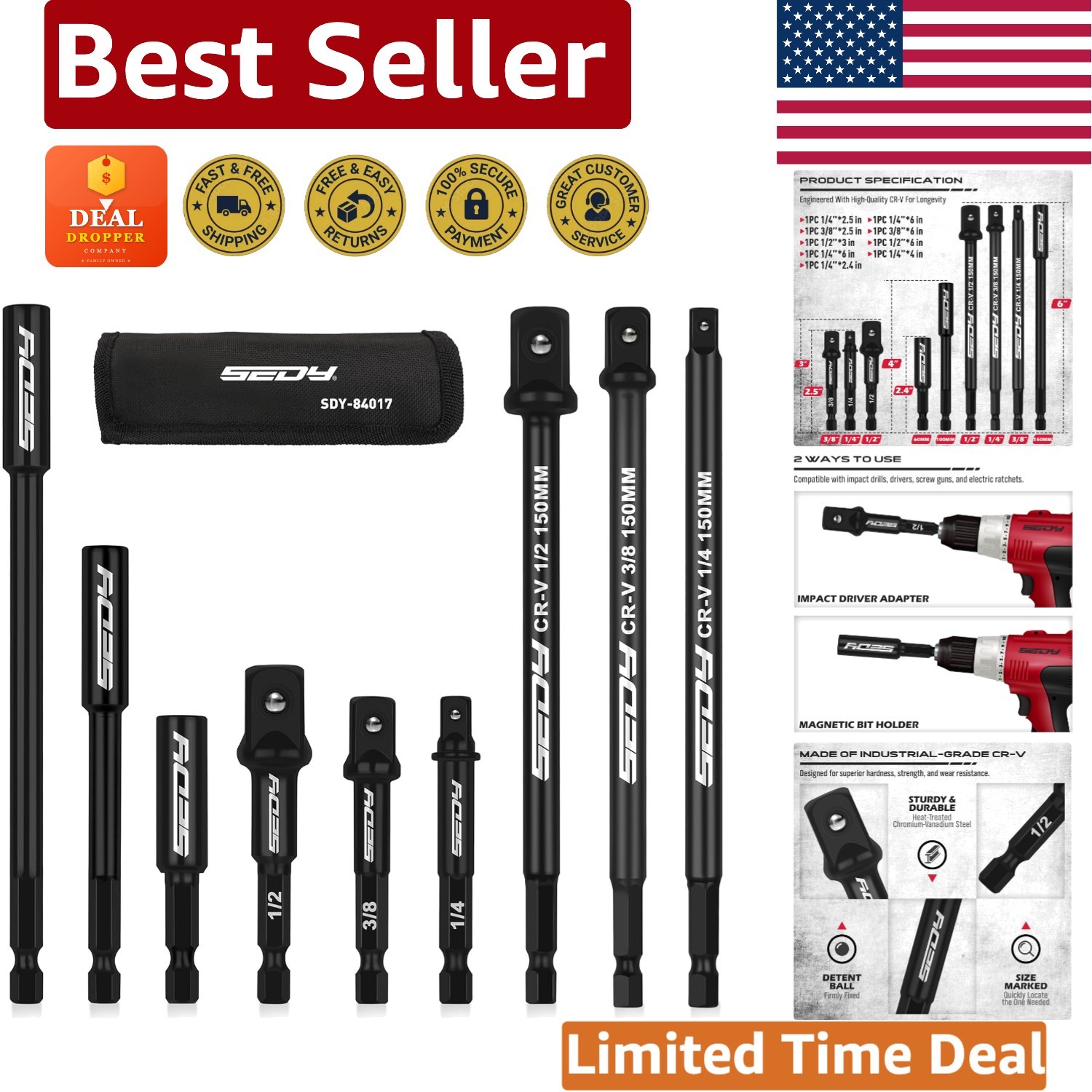 Universal 9-Piece Socket Adapter Set for Power Drills – Includes Magnetic Holder