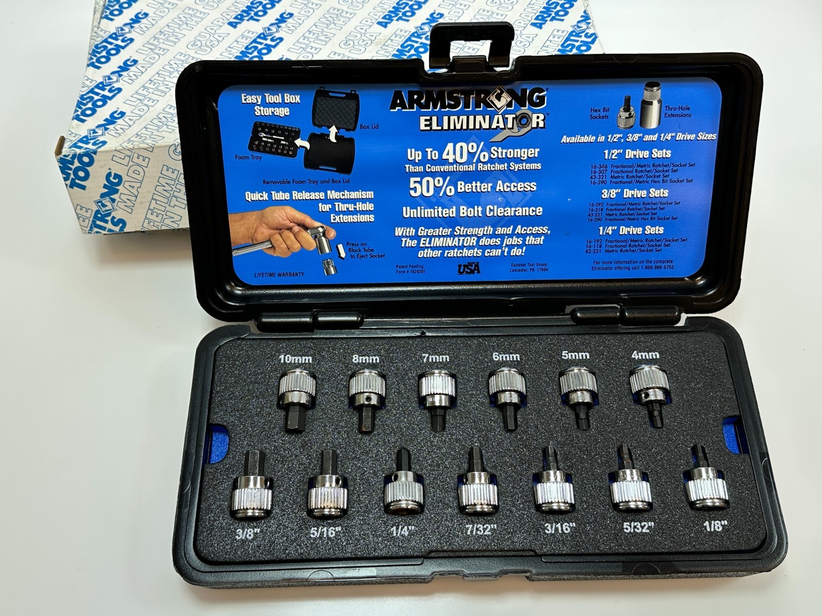 NOS Armstrong Tools USA 13pc 3/8″ Drive SAE Metric Hex Bit Socket Adapter Set