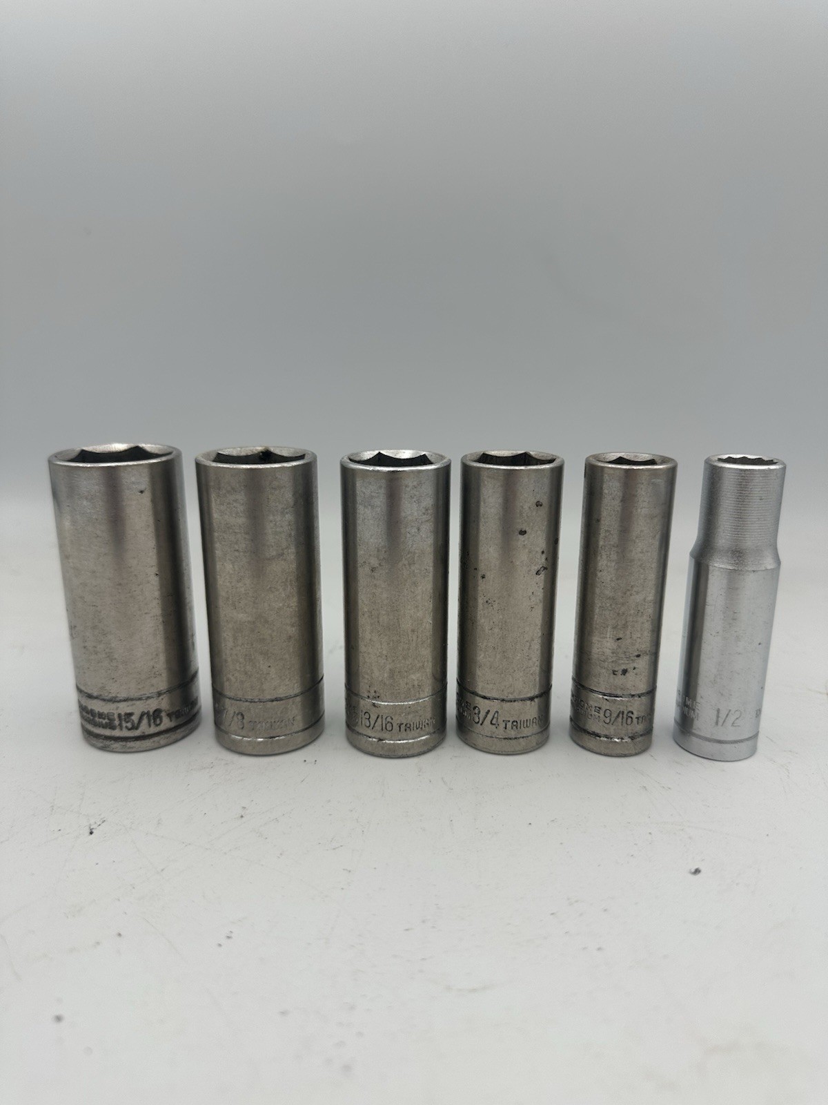 Great Neck Deep Socket Lot 1/2” Drive Sizes: 15/16, 7/8, 13/16, 3/4, 9/16, 1/2
