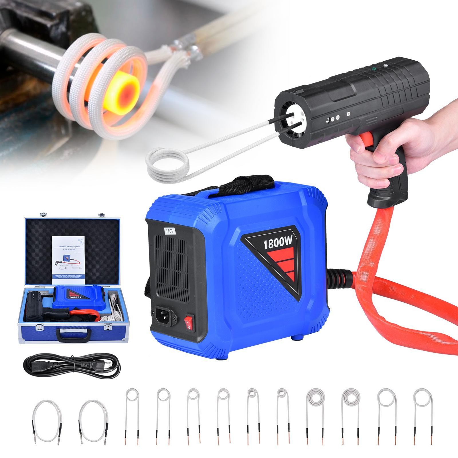 1800W Magnetic Induction Heater Kit Automotive Bolt Heat Tool No Flame w/12 Coil