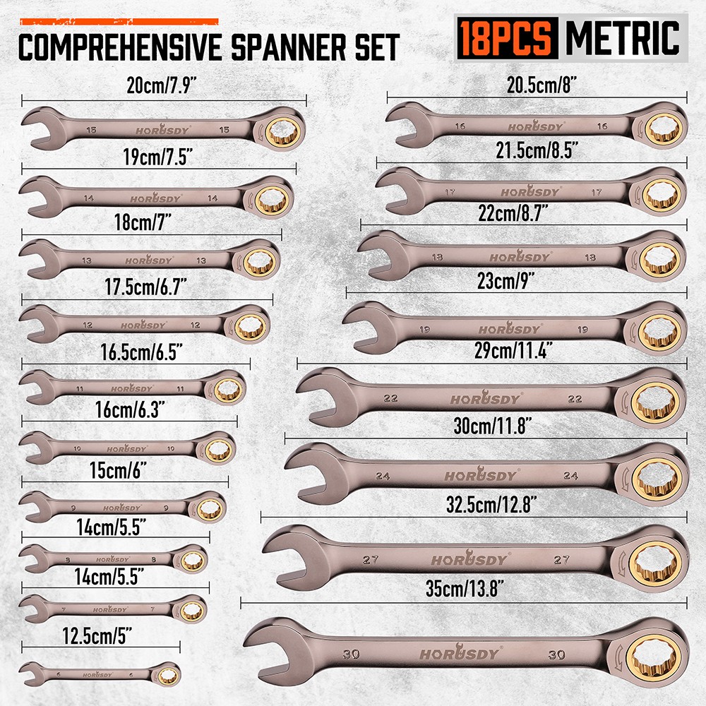 18Pc Ratchet Wrench Set Metric 6-30mm Spanners 72-tooth Nickle Plated Pouch Tool