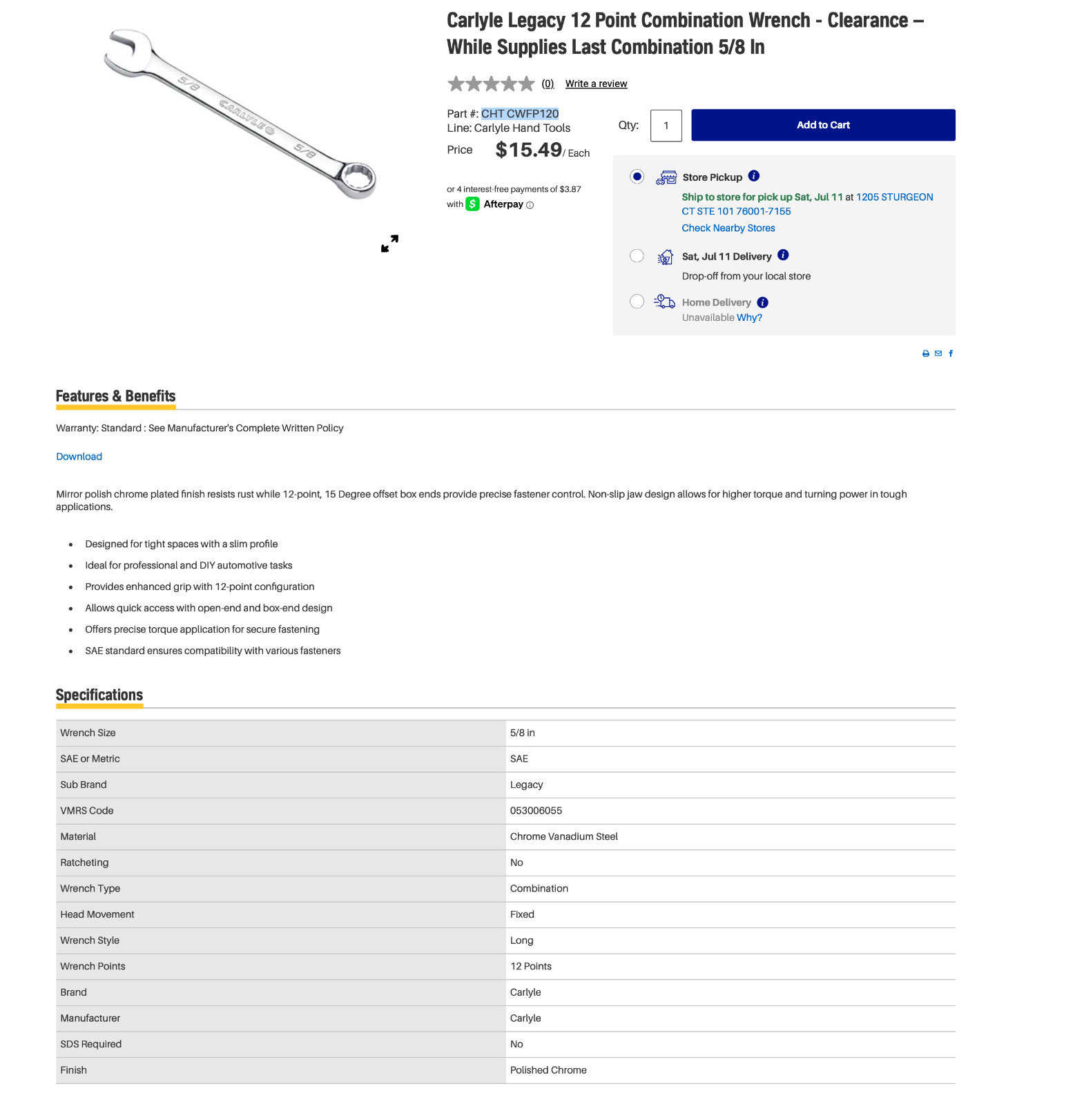 Carlyle 5 Pc Long SAE Combination Wrench Set 1/2, 5/8, 13/16, 7/8, 15/16 NEW!
