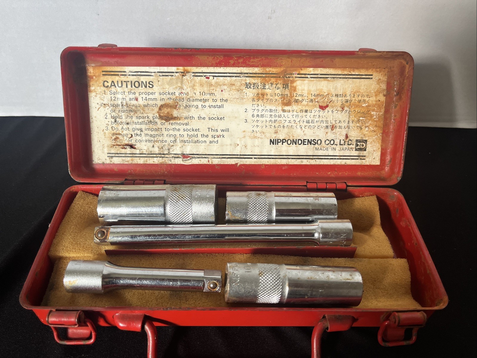 Vtg Nippondenso ND Spark Plug Wrench 5 Pc Socket Set W/Case 10mm,12mm,14mm