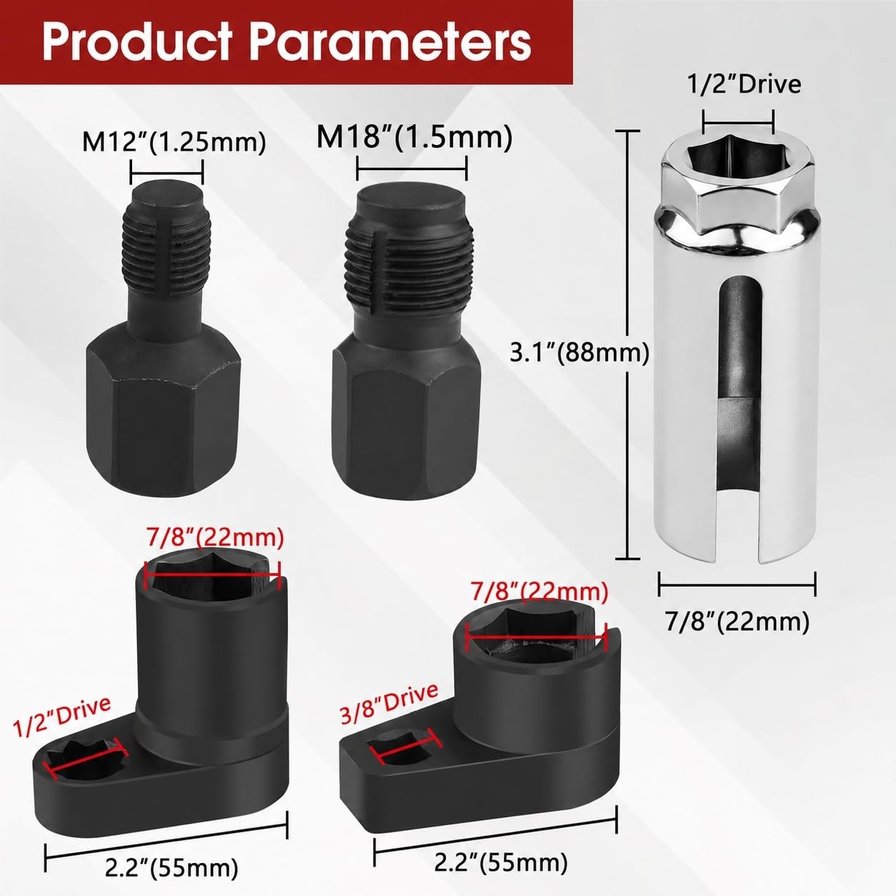 5PCS O2 Oxygen Sensor Socket Set, 1/2 & 3/8 in Drive, 7/8 in 22mm, Premium Re…