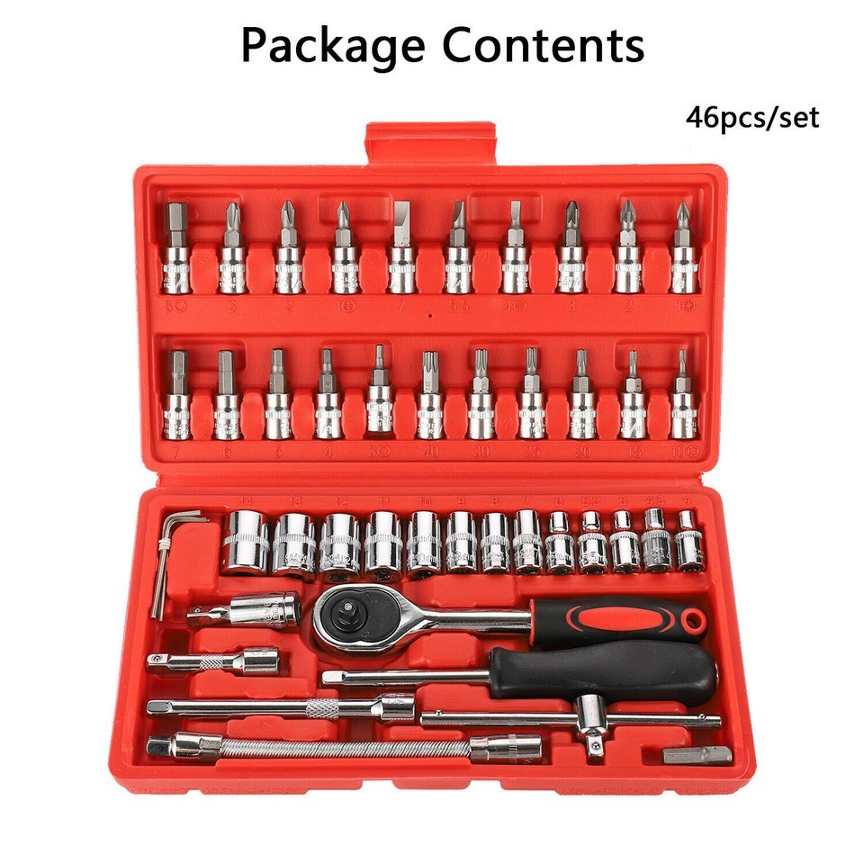 46PC Ratchet Torque Wrench Kit Hand Repair Tool For Car Bike 1/4″ Socket Set Kit
