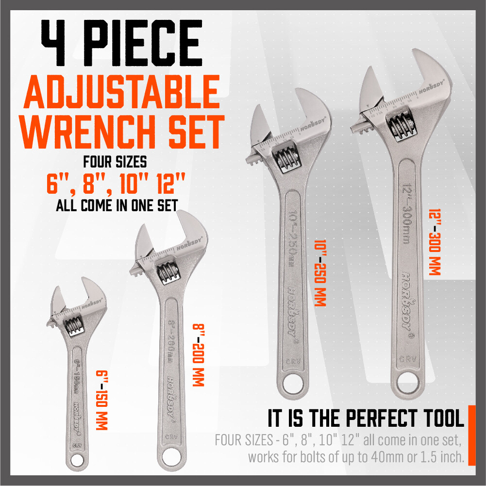 12″ 10″ 8″ 6″ Laser Marked Adjustable Wrench Set Heat 1-5/16″ 1-1/8″ 15/16″ 3/4″