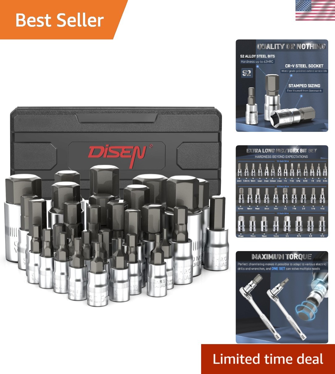 32-Piece HEX Bit Socket Set – SAE & Metric Tools with Storage Case