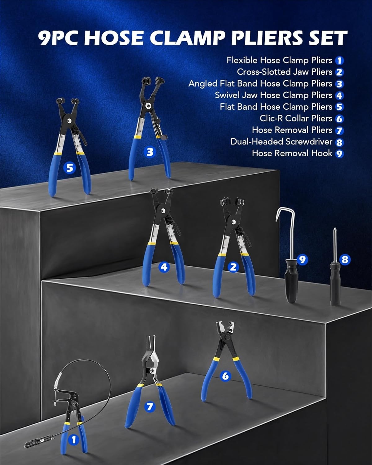 Pro 9pc Hose Clamp Pliers Kit – Flexible, Clic R, Swivel Jaw – Durable Auto R…