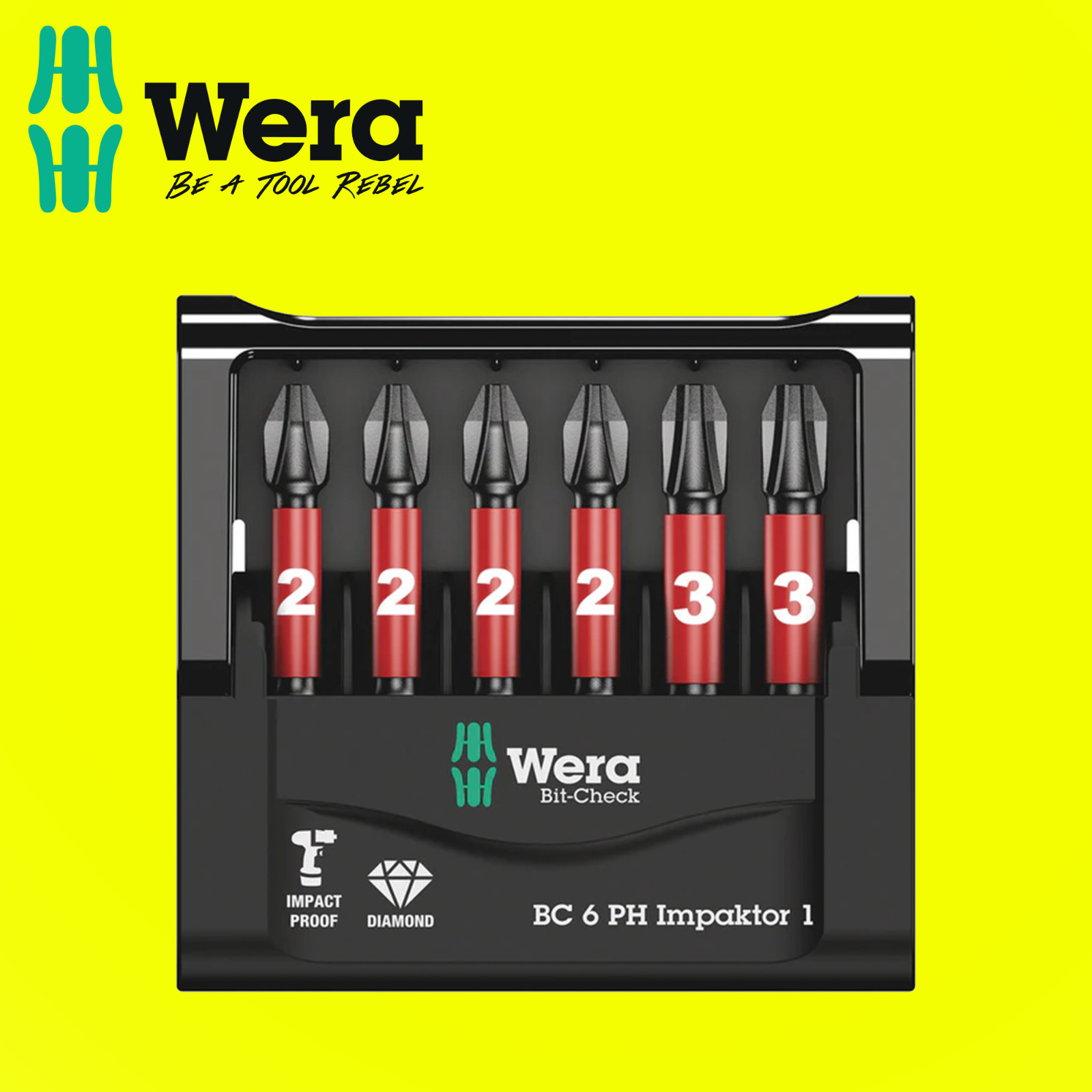 Wera 05057691001 6 Piece 50mm Long PH2 & PH3 Impact Driver Bits Impaktor