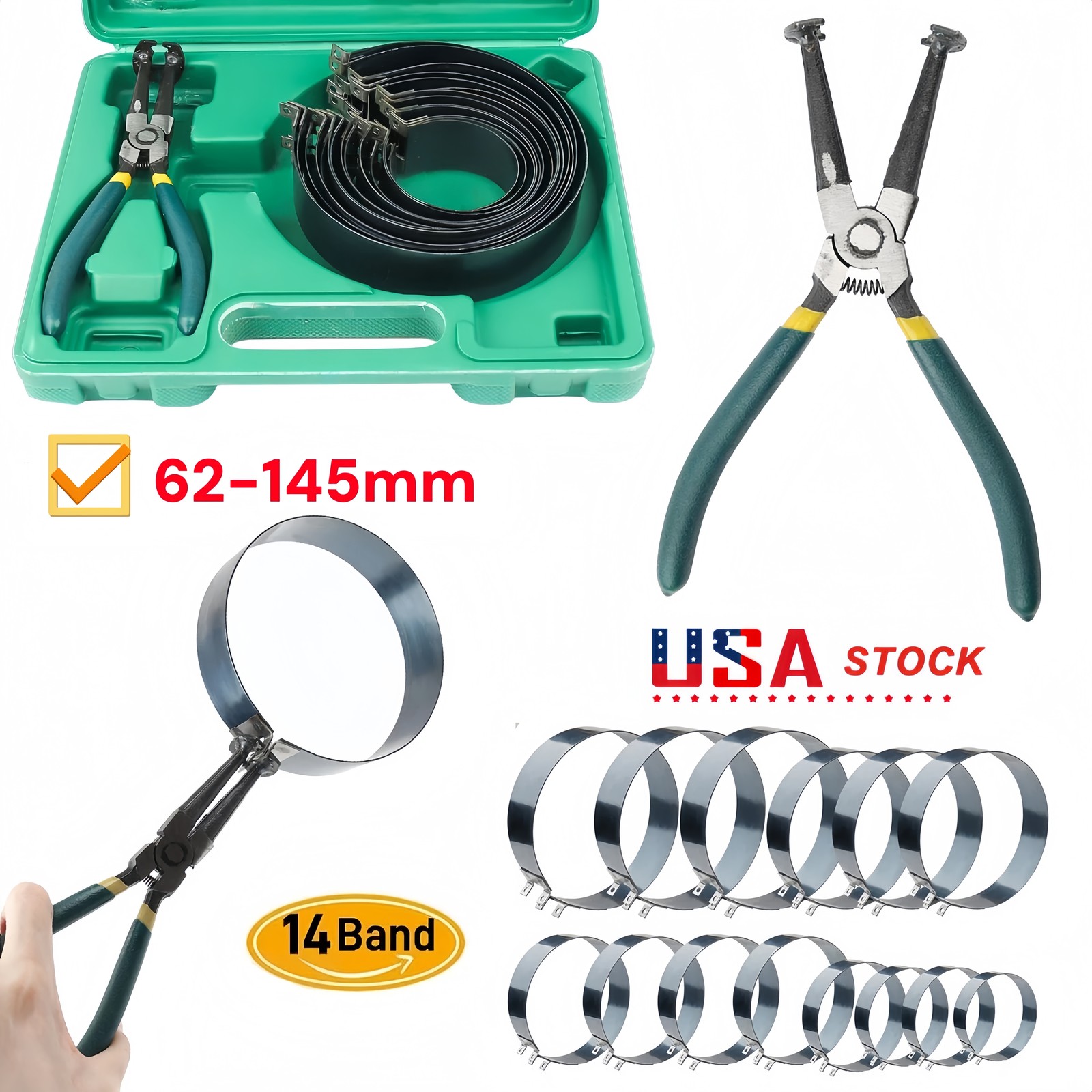 Motorcycle Piston Ring Compressor Cylinder Installer Tool Kit w/ Pliers +14 Band