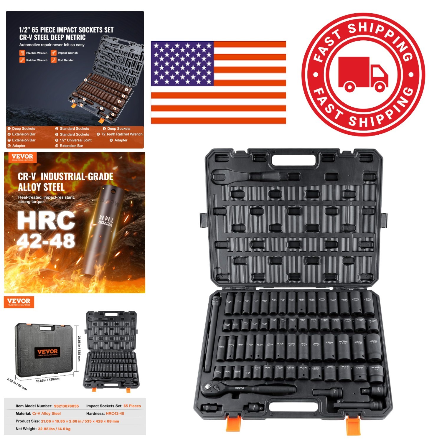 65 Piece 1/2 Drive Impact Socket Set with Easy to Read Size Markings and Storage