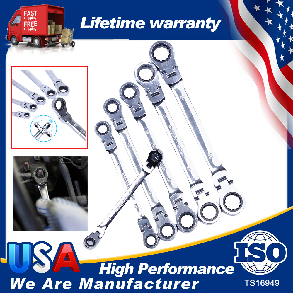6Pack New Double Box End Ratcheting Wrench Flex-Head Long Spanner Set SAE Metric