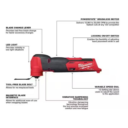 Milwaukee 2526-20 M12 Fuel Oscillating Multi-Tool, 10000 to 20000 OPM, 3.9
