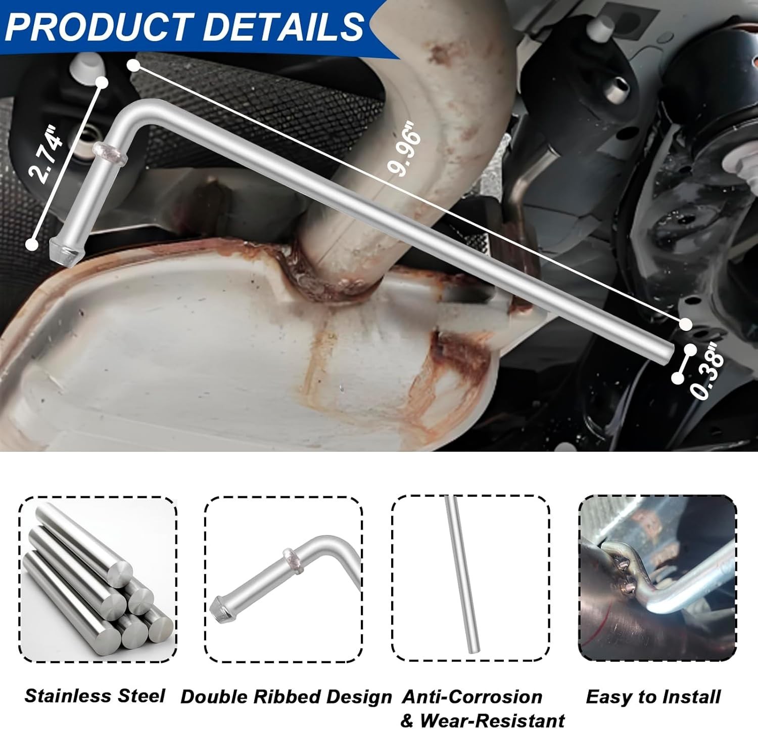 Universal Exhaust Hanger Rod 4Pcs 10 Long 304 SS Muffler Hanger Bracket