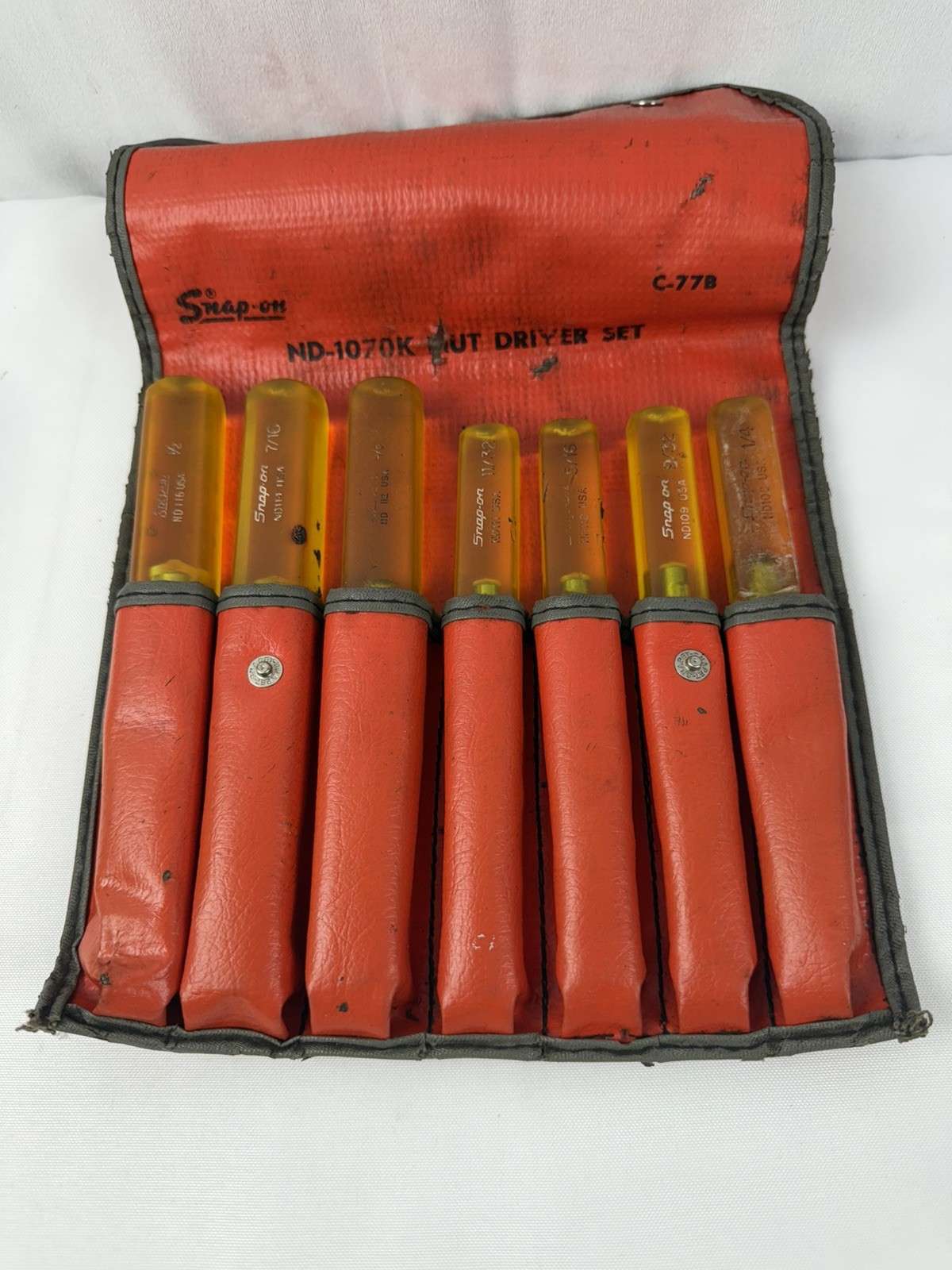 SNAP-ON 7PC SAE INSULATED NUT DRIVER SET 1/4″-1/2″ IN KIT BAG # ND-1070K NICE!