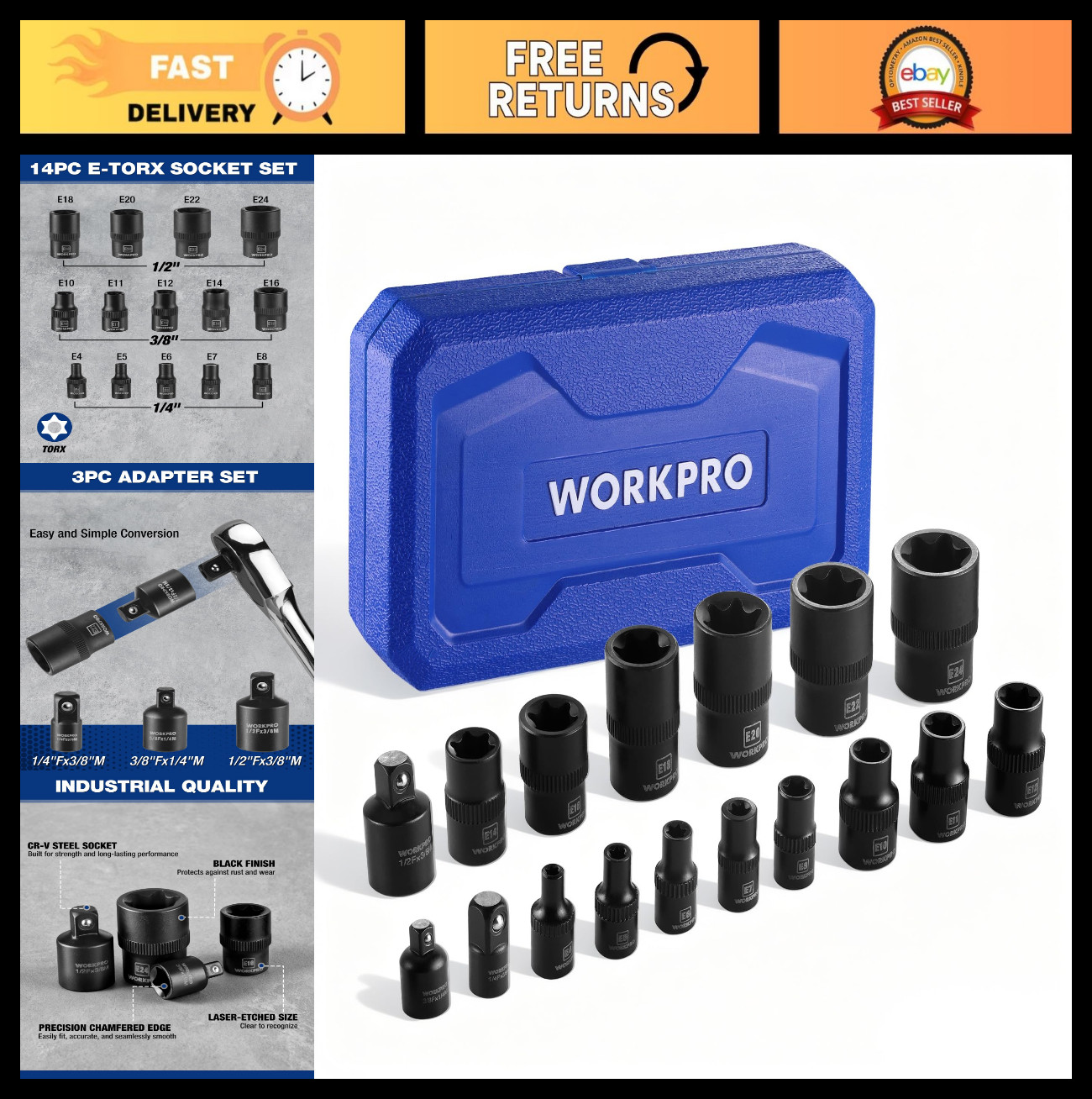 17 PCS Female E-Torx Socket Set E4-E24, CR-V Steel, 1/4″ 3/8″ 1/2″ Drive, Invert