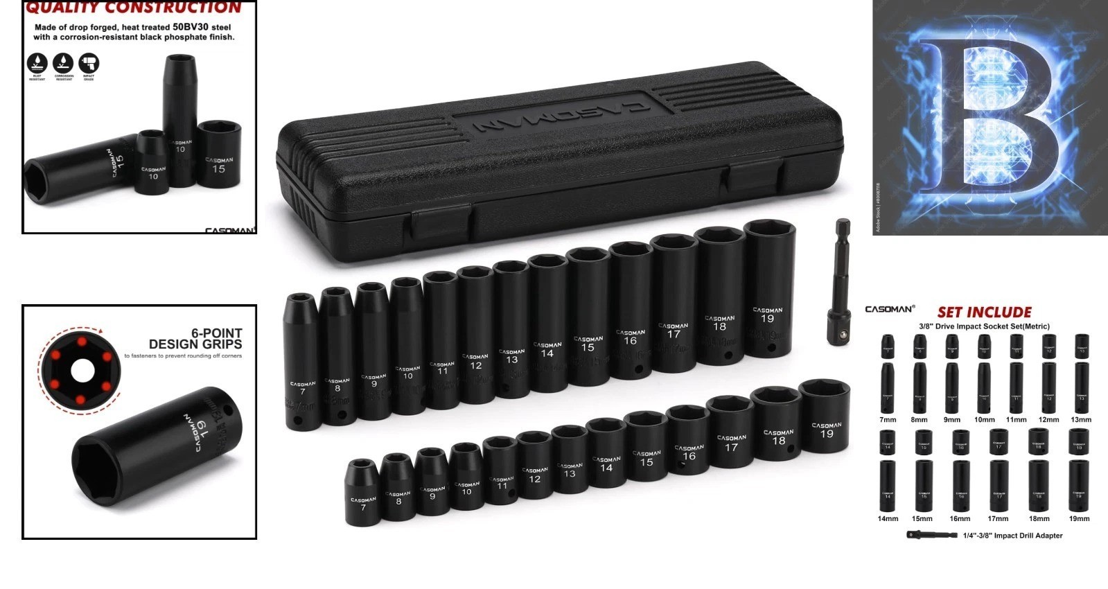 Durable 27-Piece 3/8-Inch Drive Impact Socket Set with Black Phosphate Finish