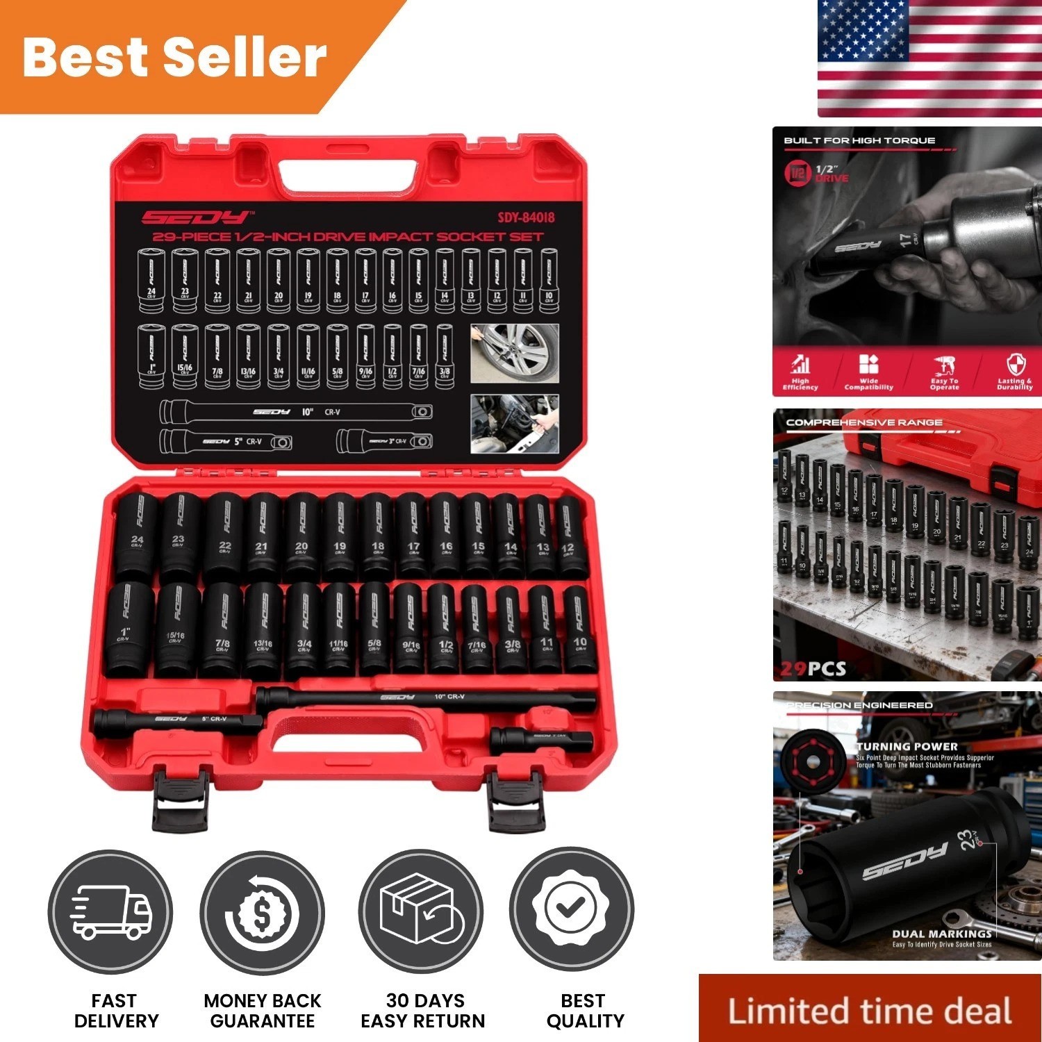 High Durability 29-Piece Chrome Vanadium Impact Socket Set with Extension Bars