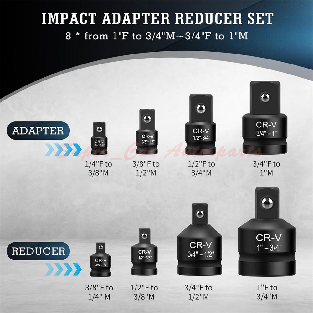 8Pcs Impact Socket Reducer Adapter Set Convertor Adaptors 1/4″ 3/8″ 1/2″ 3/4″ 1″
