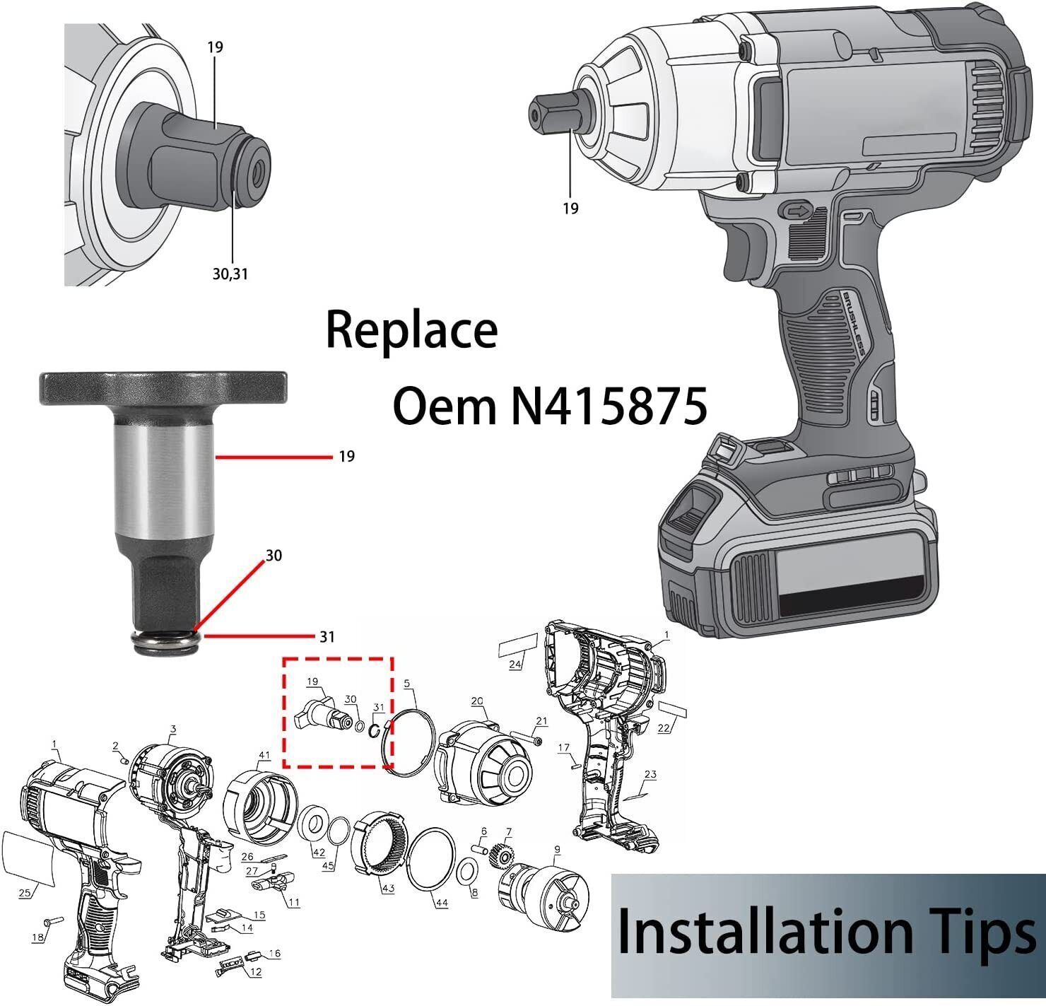 Impact Wrench Anvil Assembly 1/2» Dewalt Black &Decker 18V 20V MAX XR DCF899HB