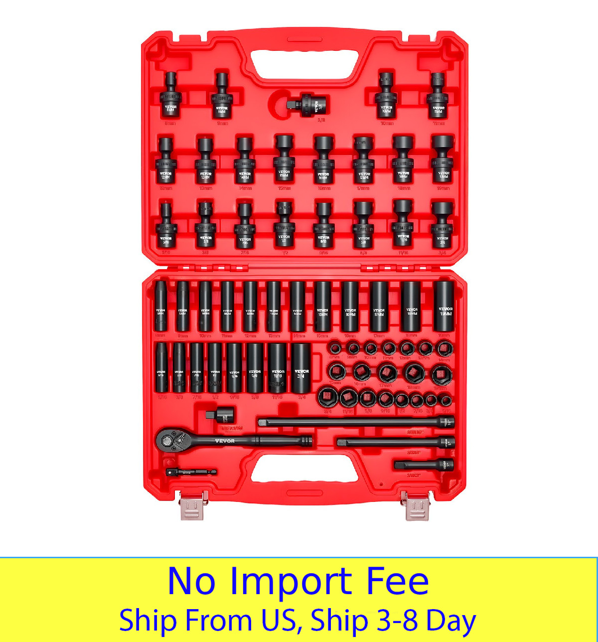 3/8″ Drive Impact Socket Set 67 Piece SAE & Metric 6 Point Deep Shallow Swivel S