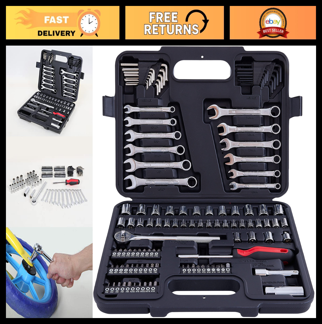 121-Piece Mechanic Tool Set – Metric & Standard Socket Wrench Kit for Home, Auto