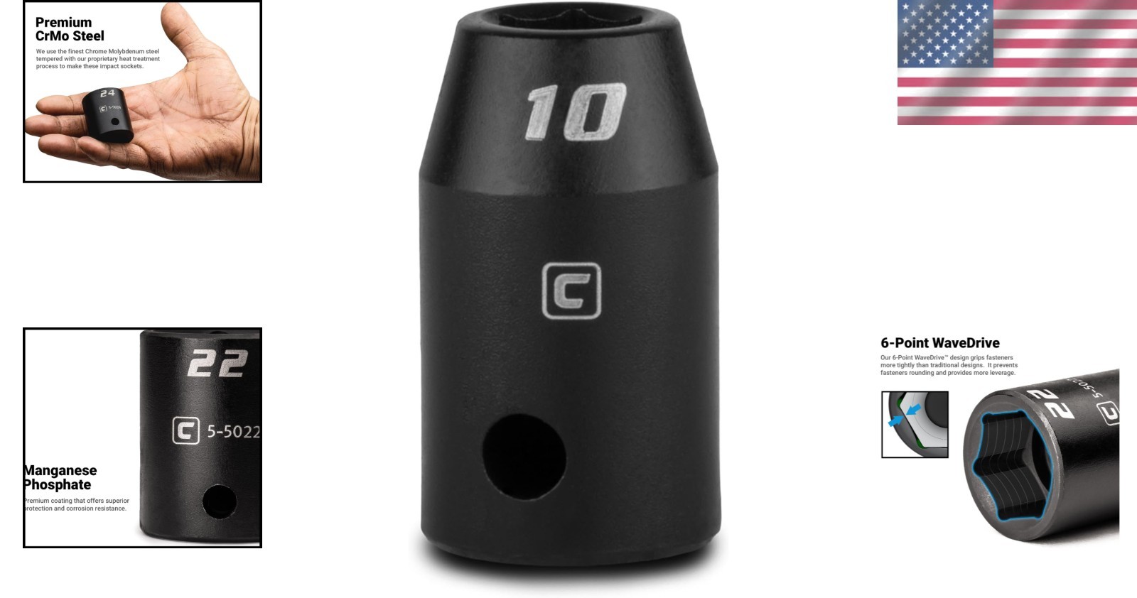 10 mm 6-Point Impact Socket, 1/2-Inch Drive, Manganese Phosphate Coating