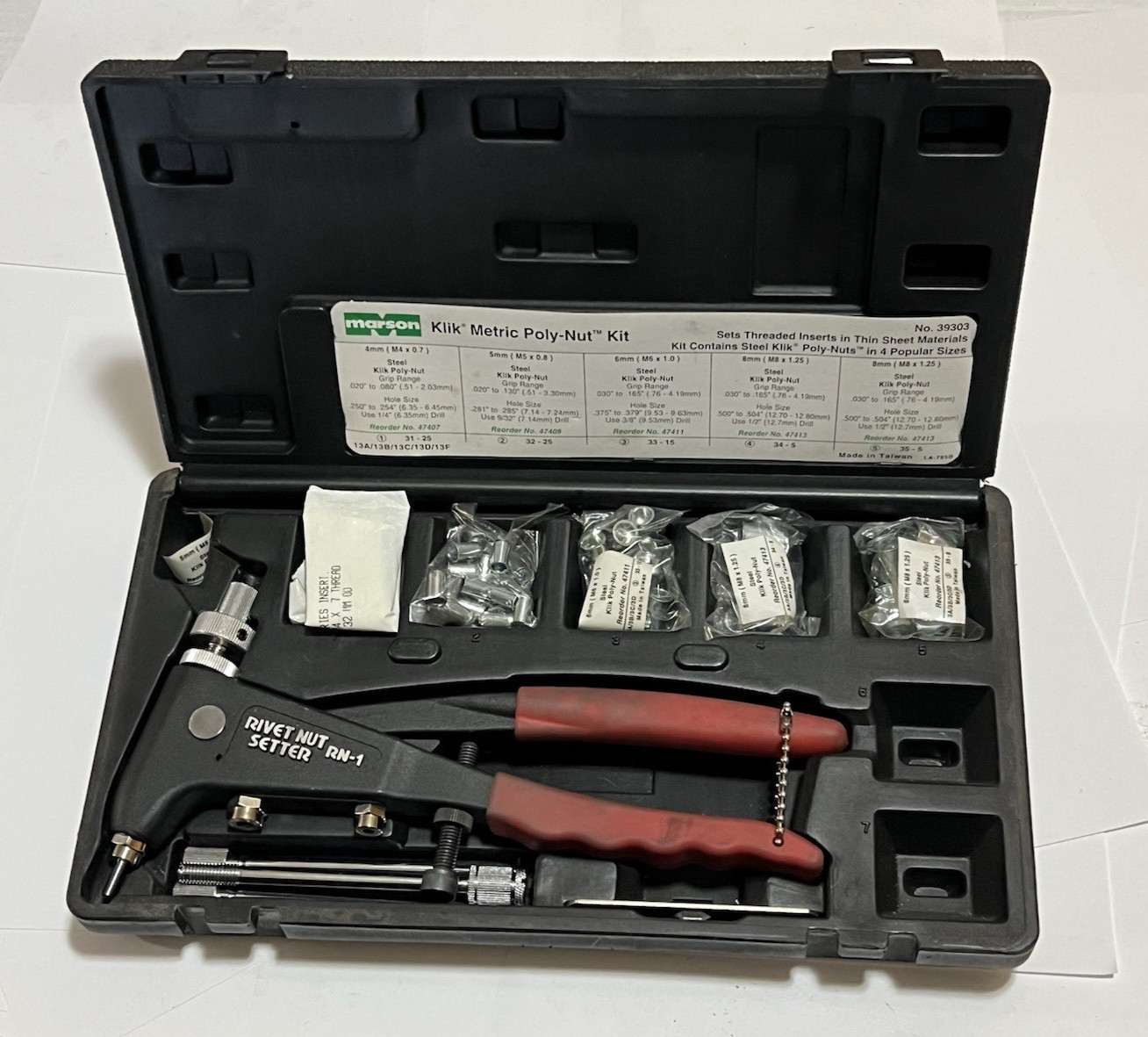 Marson 39303 Metric Steel Poly-Nut Rivet Nut Setter Installer Set M4 M5 M6 M8