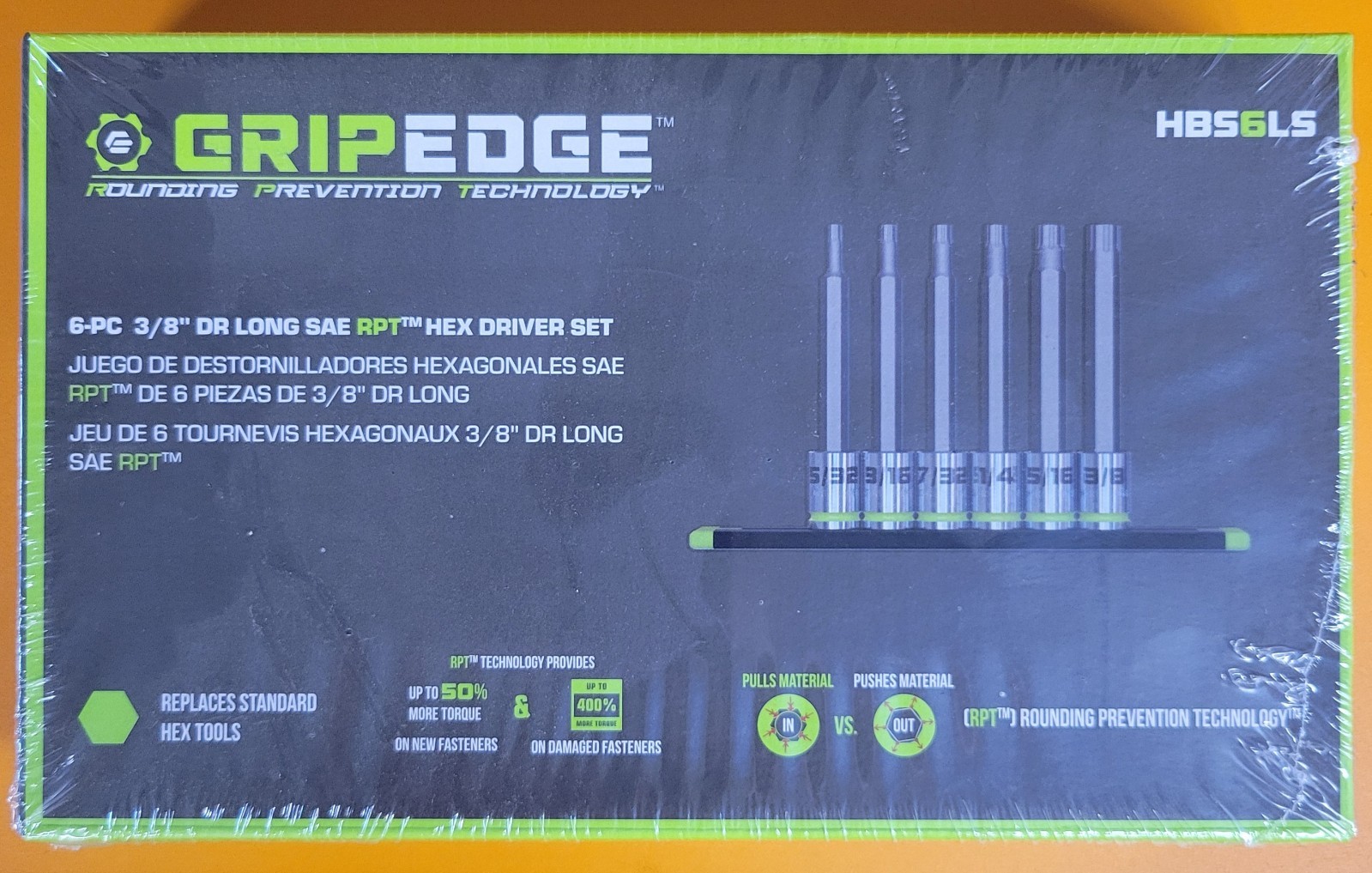 Grip Edge HBS6LS 6 Pc 3/8″ Dr Long SAE RPT Hex Driver Set Gripedge HBS6LS