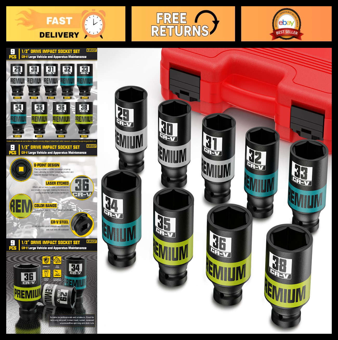 9-Piece 1/2″ Drive Impact Socket Set – Metric Axle Nut & Jumbo Sockets, 6 Point,
