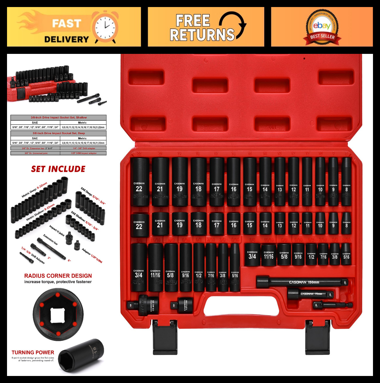 49-Piece 3/8″ Drive Impact Socket Set – SAE & Metric, 6 Point, Cr-V Steel