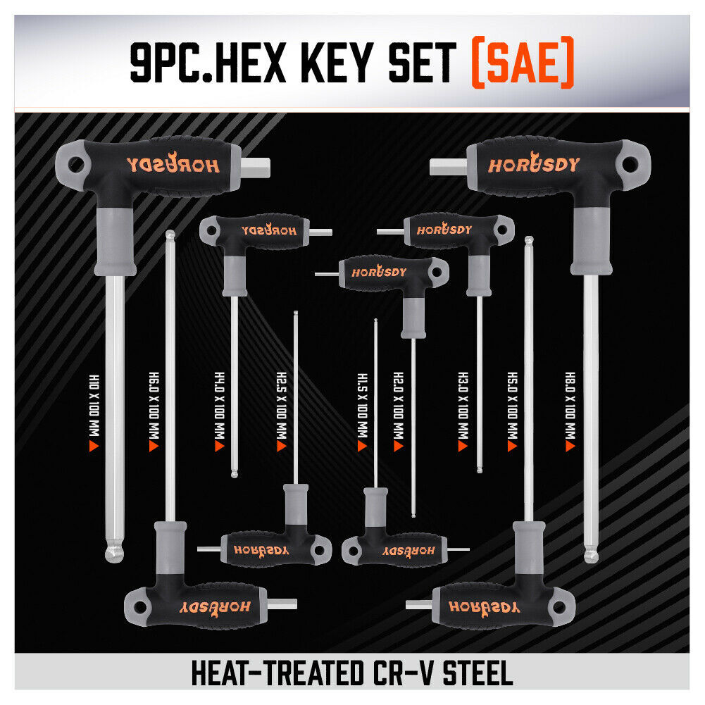 18PC T-Handle Allen Wrench Set Long Arm Ball End Hex Key 1.5-10MM & 1/16″-3/8″