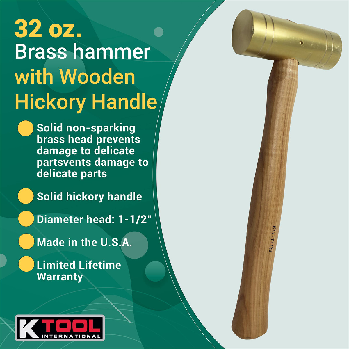 K-Tool 71733 32 oz. Brass Hammers w/ Hickory Handles, 1-1/2″ Head Diameter