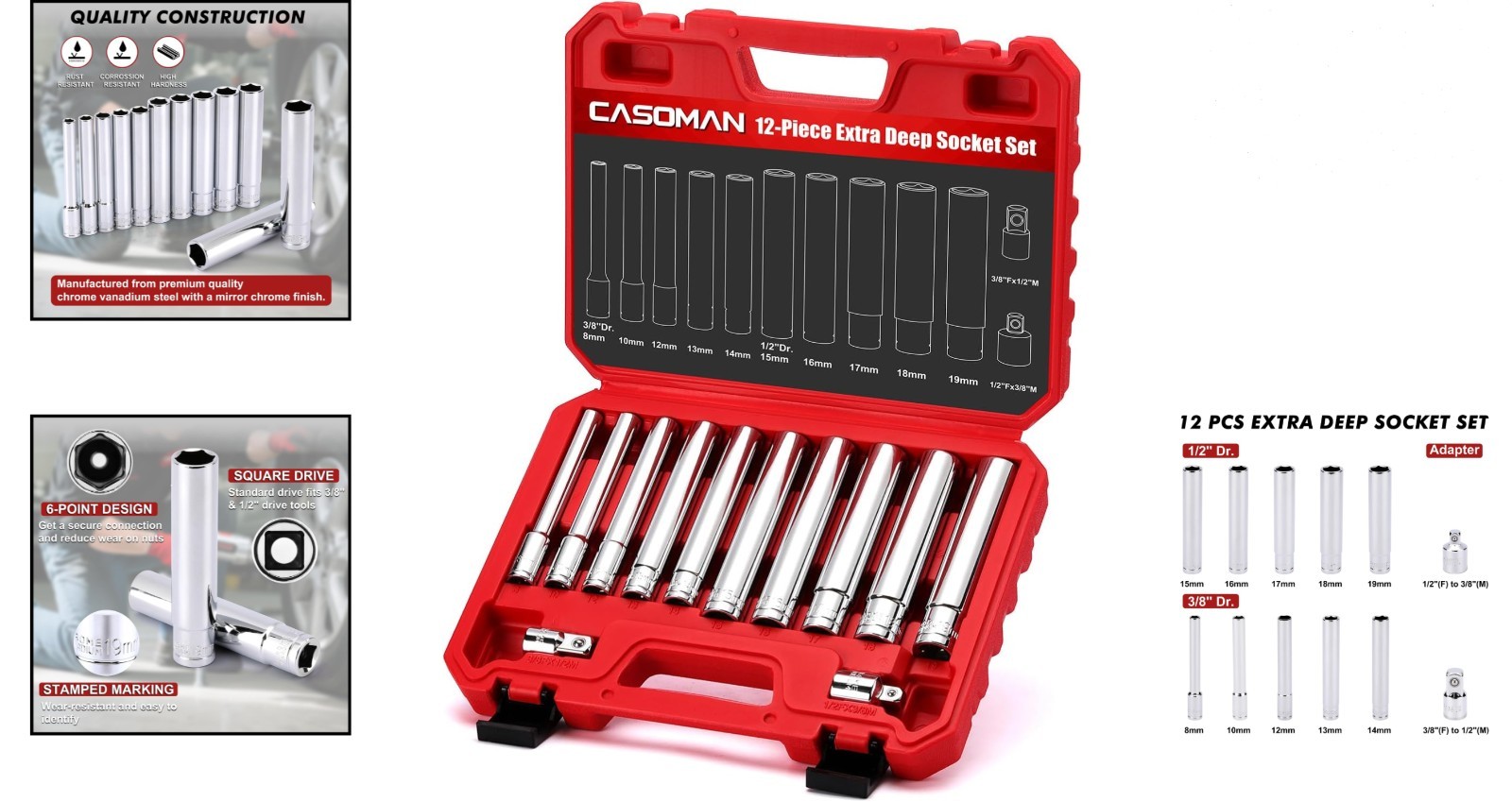 12-Piece Deep Socket Set 3/8 & 1/2 Inch Drive Chrome Vanadium with Case