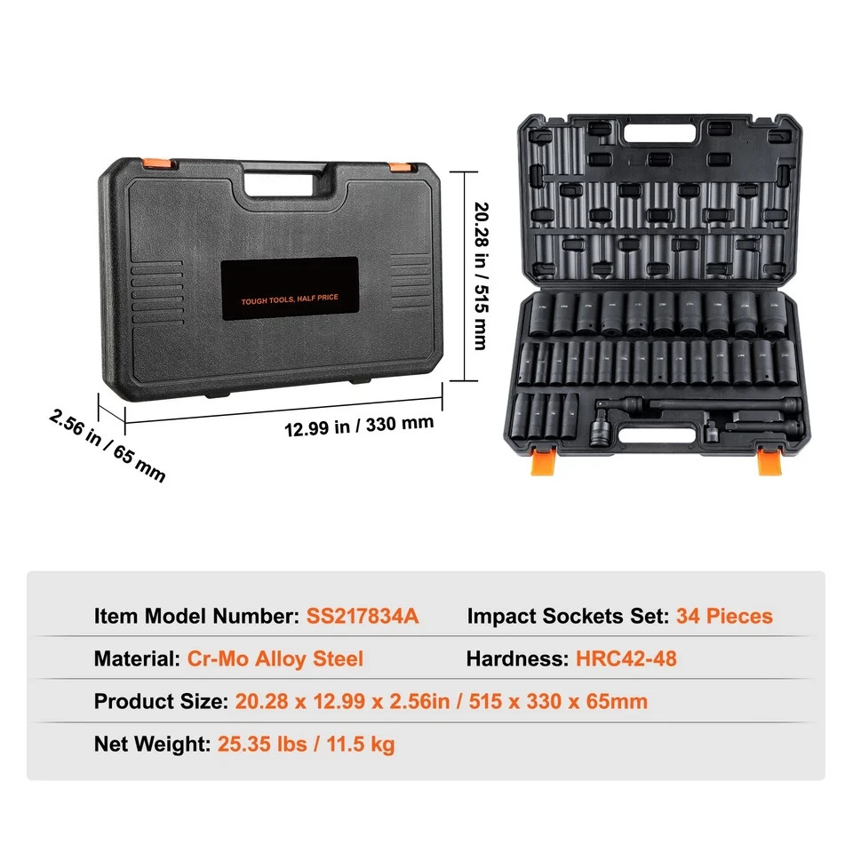 Impact Sockets Set 34pcs 6-Point 1/2in Drive Bit Ratchet Tool Kit Case