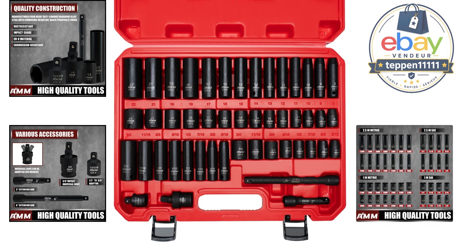 3/8″ Drive Impact Socket Set 48-Piece Standard SAE Metric 8-22mm