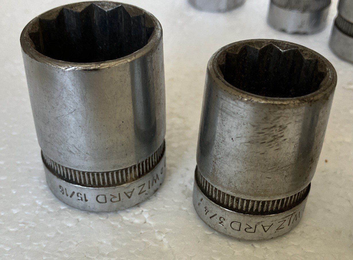 wizard 1/2 inch drive sockets. Lot Of 11 Wizard Sockets 6 Deep well, 5 Regular