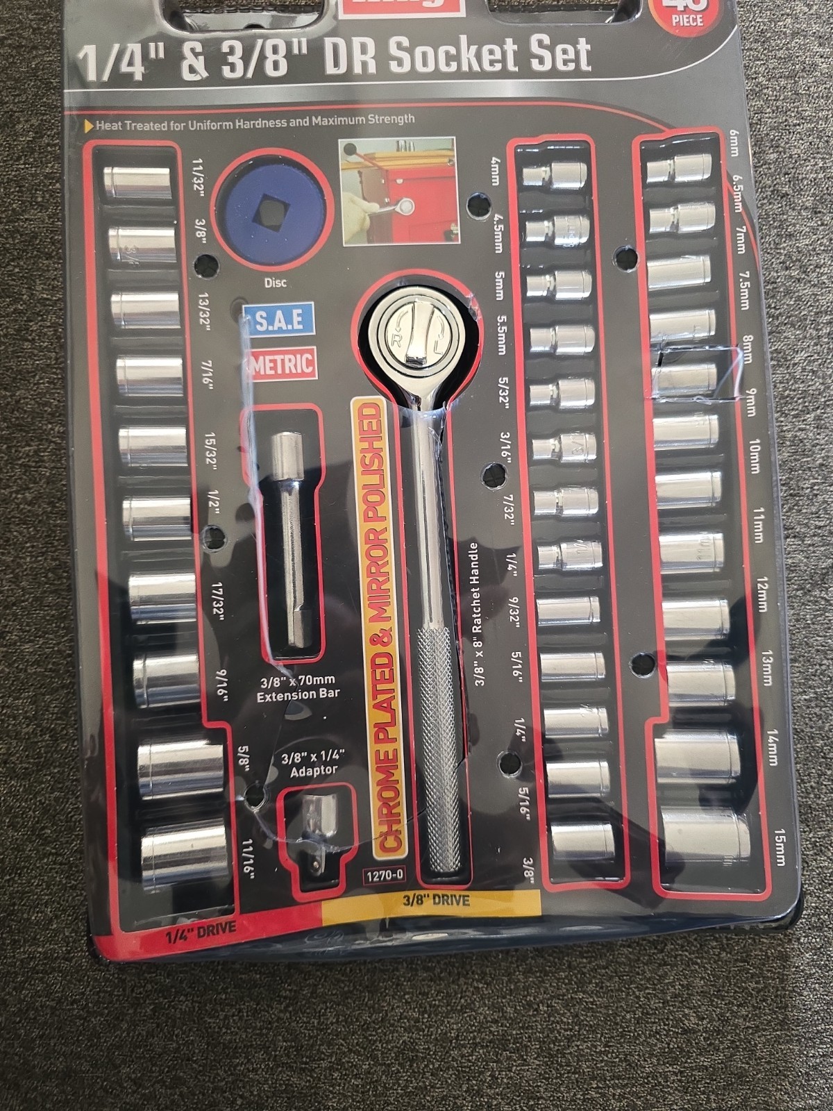40-piece King Tools socket set featuring both 1/4″ and 3/8″ drive sizes.