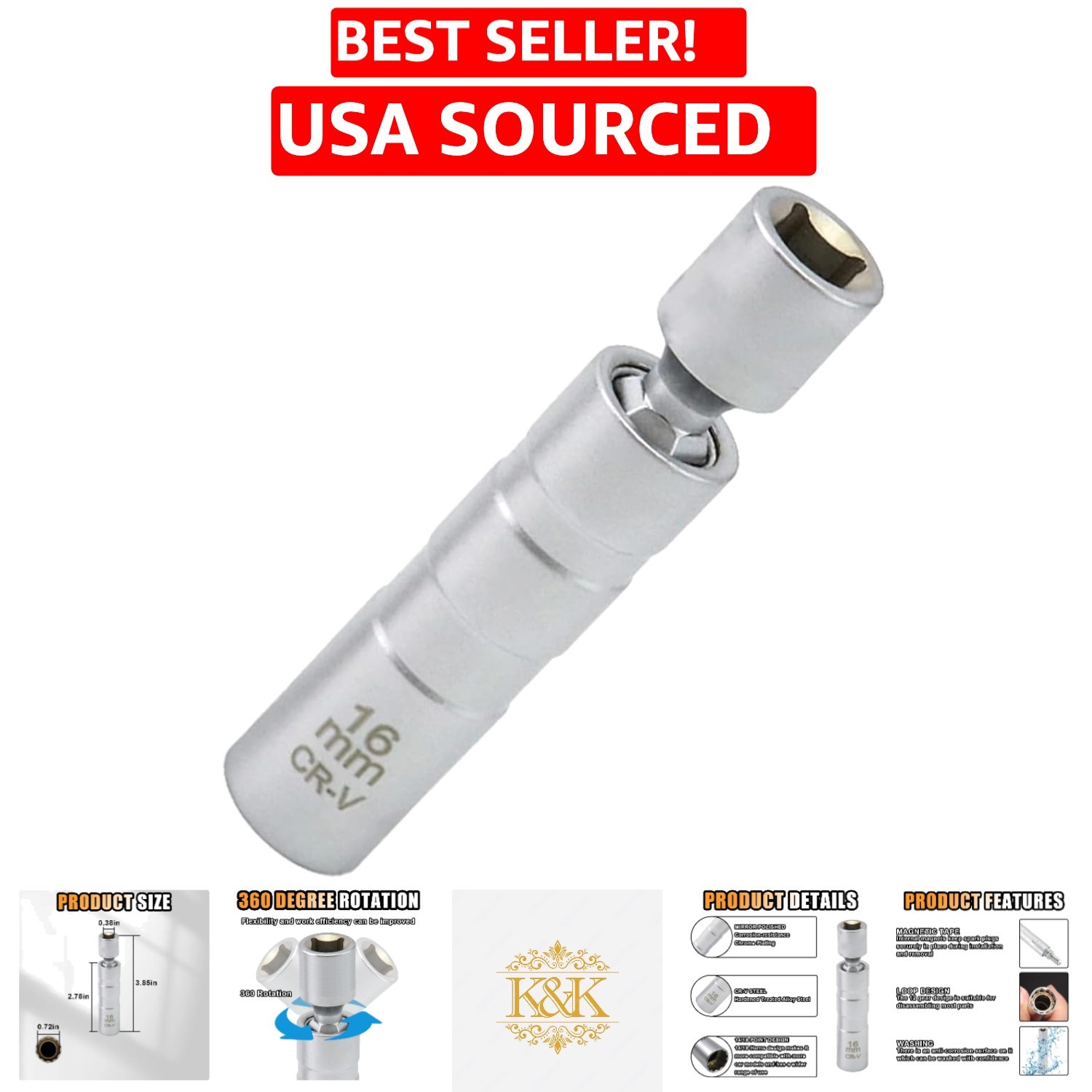 5/8 Magnetic Swivel Spark Plug Socket 16mm-Short for Effortless Removal