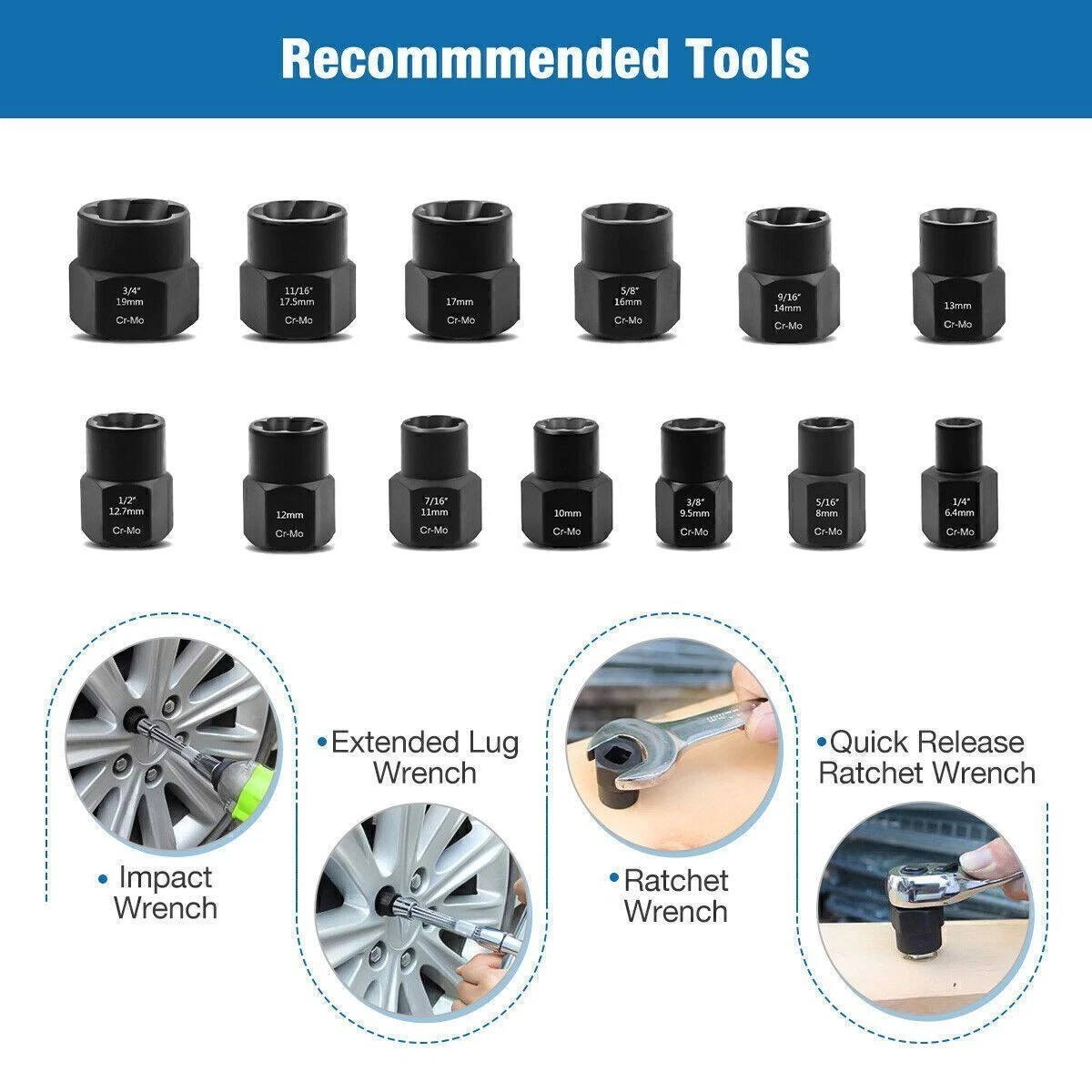 Impact Bolt Extractor Set Nut Remover Stripped Extraction Socket Tools 13pcs