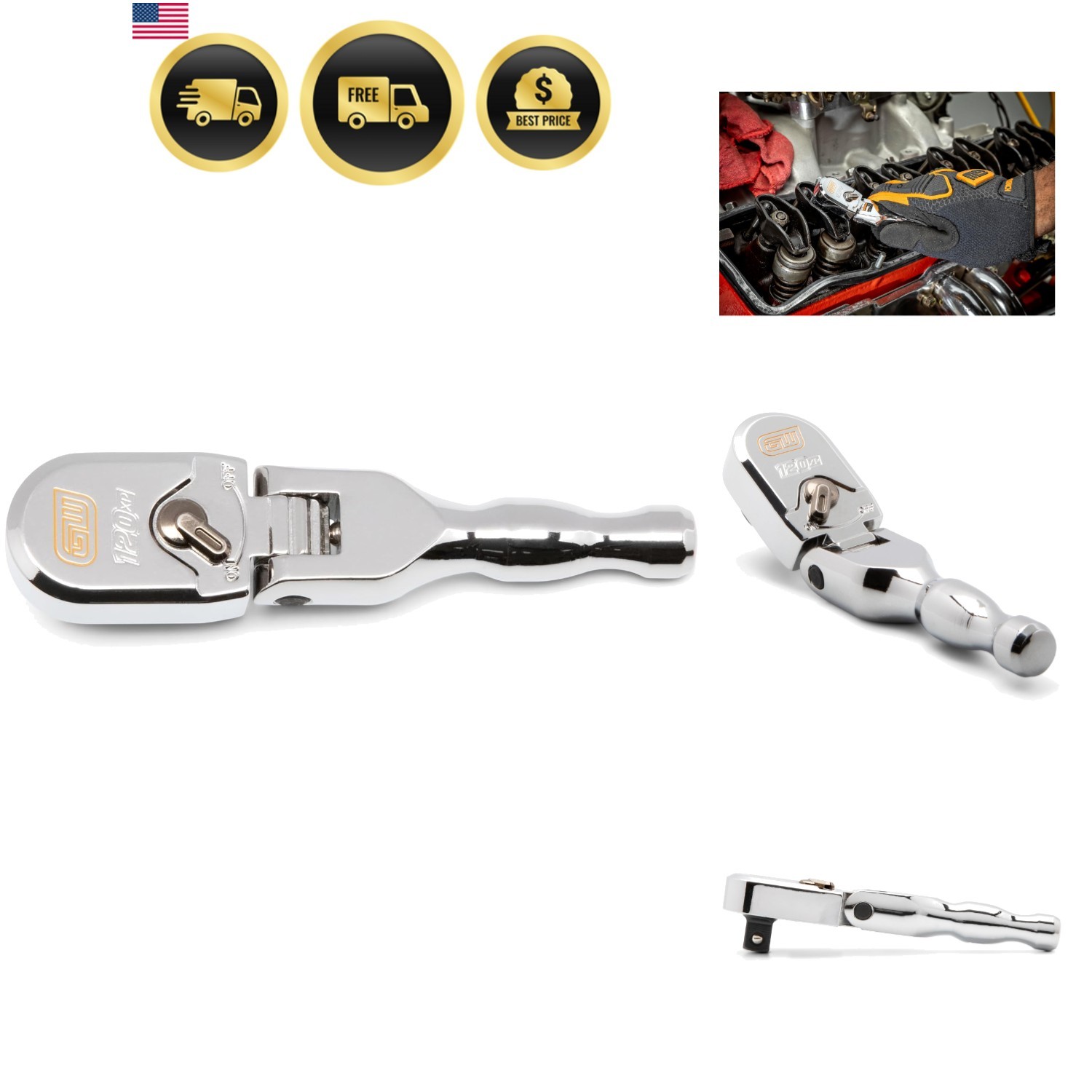 3/8″ Drive 120XP Full Polish Chrome Stubby Flex Head Teardrop Ratchet | 81212XP