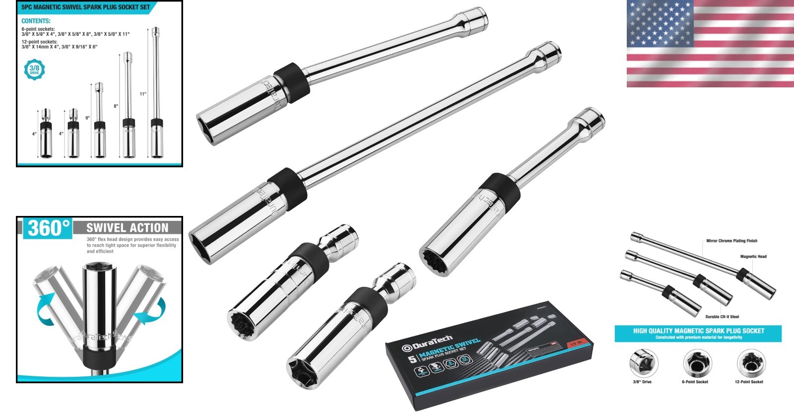 Durable 5PC Chrome Vanadium Spark Plug Socket Set with Magnetic Core Convenience
