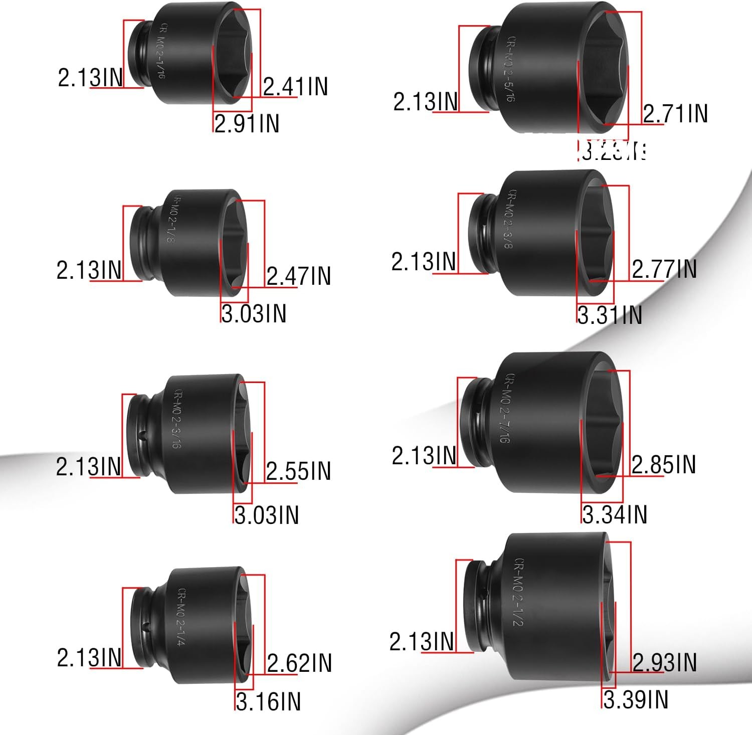 3/4″ Drive Impact Jumbo Socket Set,CR-MO Steel,6-Point SAE 2-1/16″ to 2-1/2″,8PC